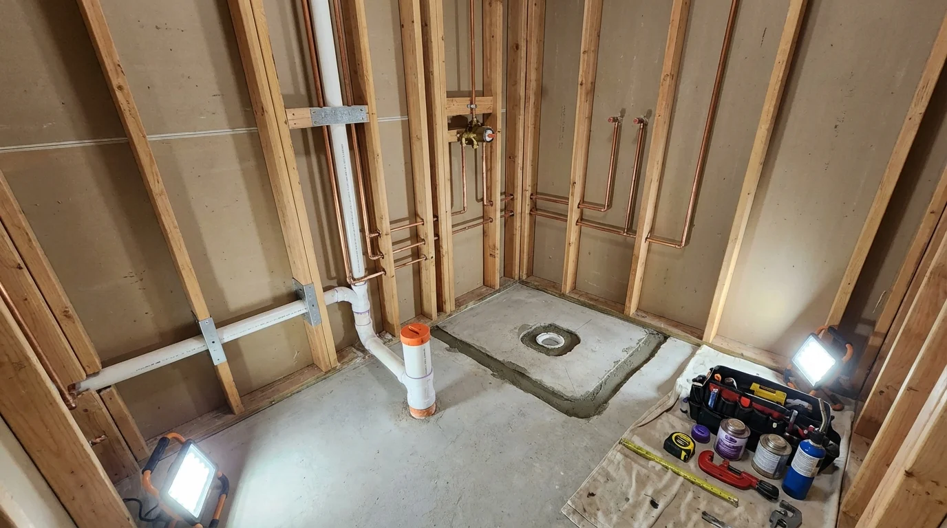 Bathroom rough-in plumbing during remodel by Johns Plumbing LLC in Cullen
