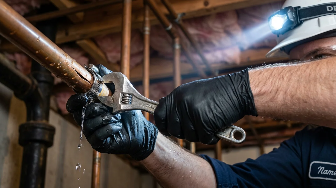 Emergency pipe clamp repair being performed by a Johns Plumbing LLC plumber in Cullen