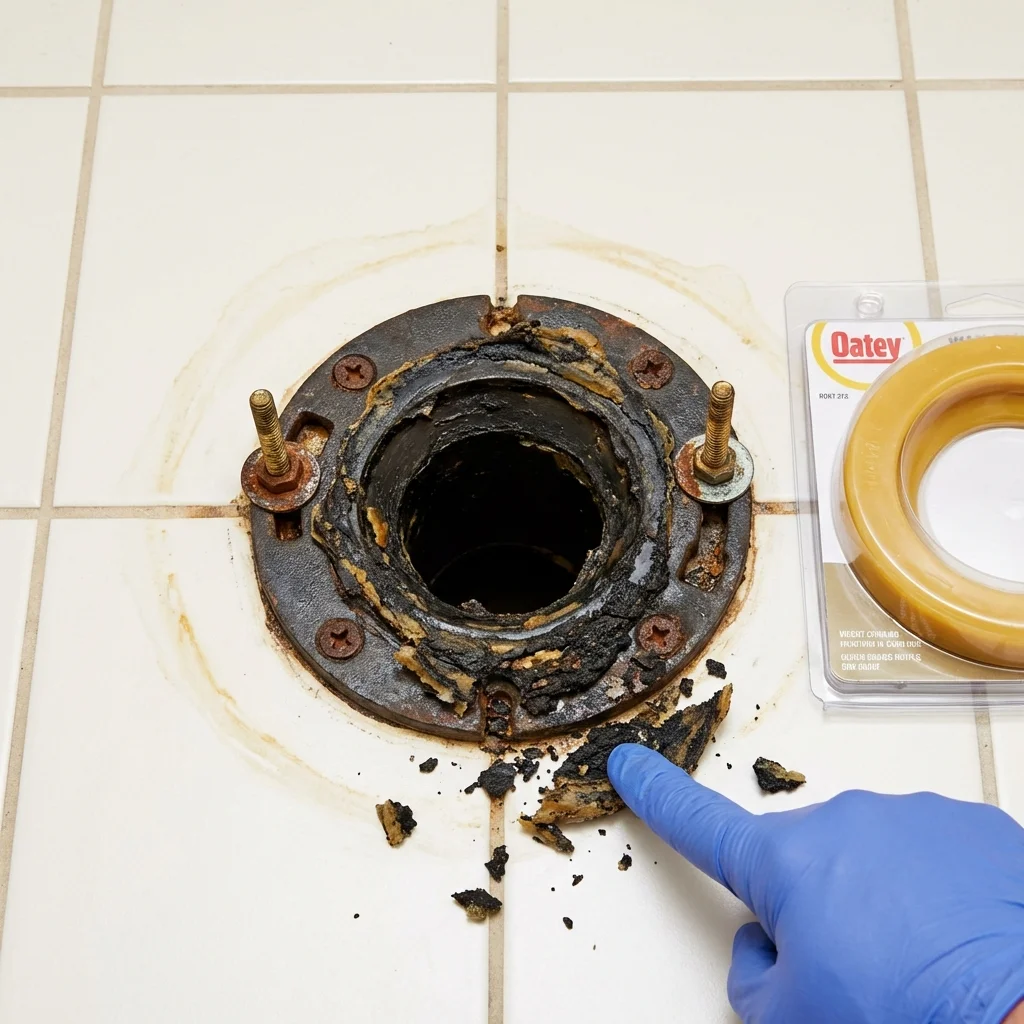 Failed wax ring showing water seepage at the base of a toilet in a Cullen, LA home