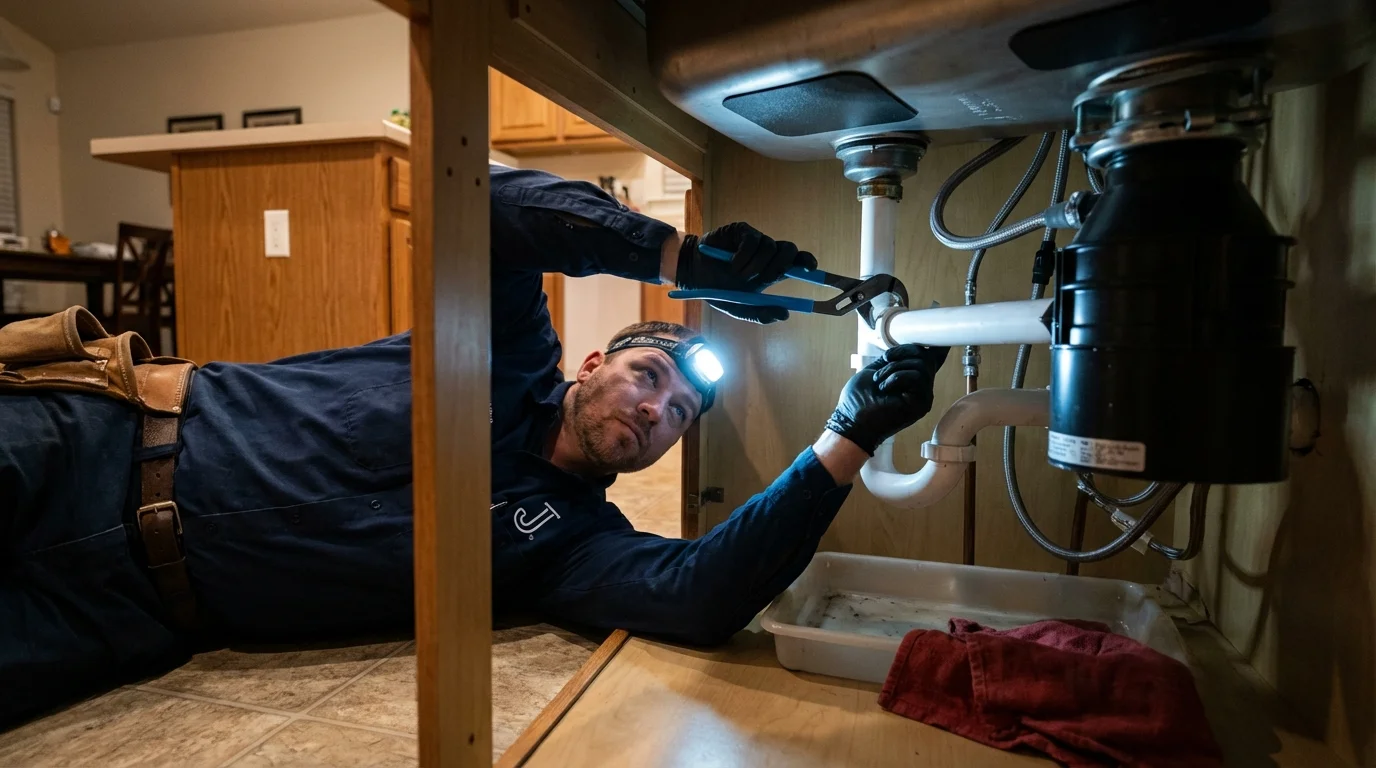 P-trap and supply line connections under a kitchen sink showing a common leak point in Cullen, LA